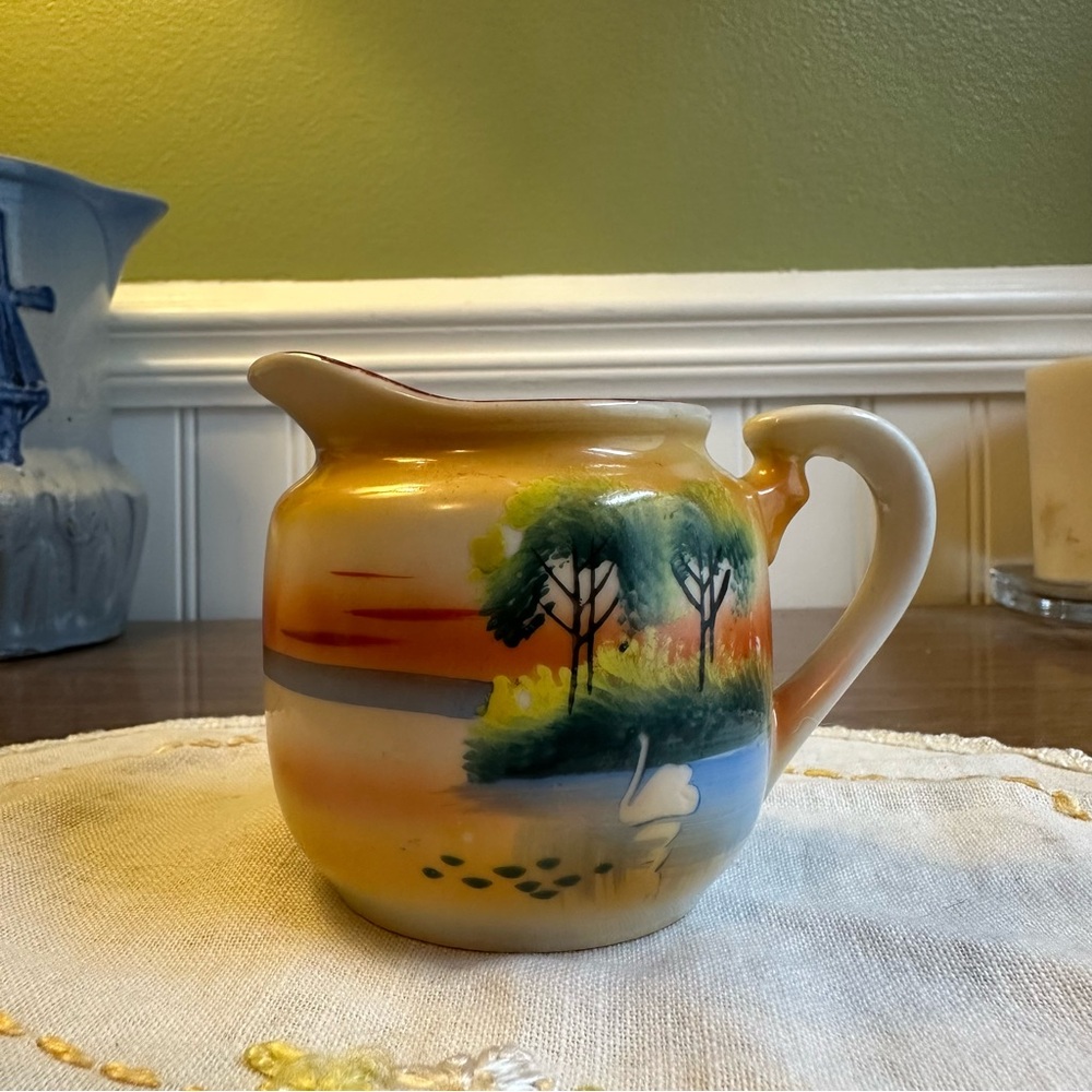 Vintage Nagoya Japan Trico Hand Painted Sunset on a Lake with a Swan Creamer